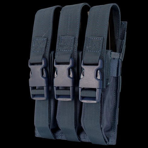 The Condor Triple MP5 Mag Pouch is crafted from durable dark fabric, offering three compartments with adjustable straps and plastic buckles—perfect for law enforcement or first responders in challenging conditions.